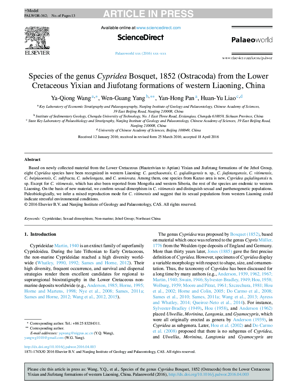 Species of the genus Cypridea Bosquet, 1852 (Ostracoda) from the Lower Cretaceous Yixian and Jiufotang formations of western Liaoning, China