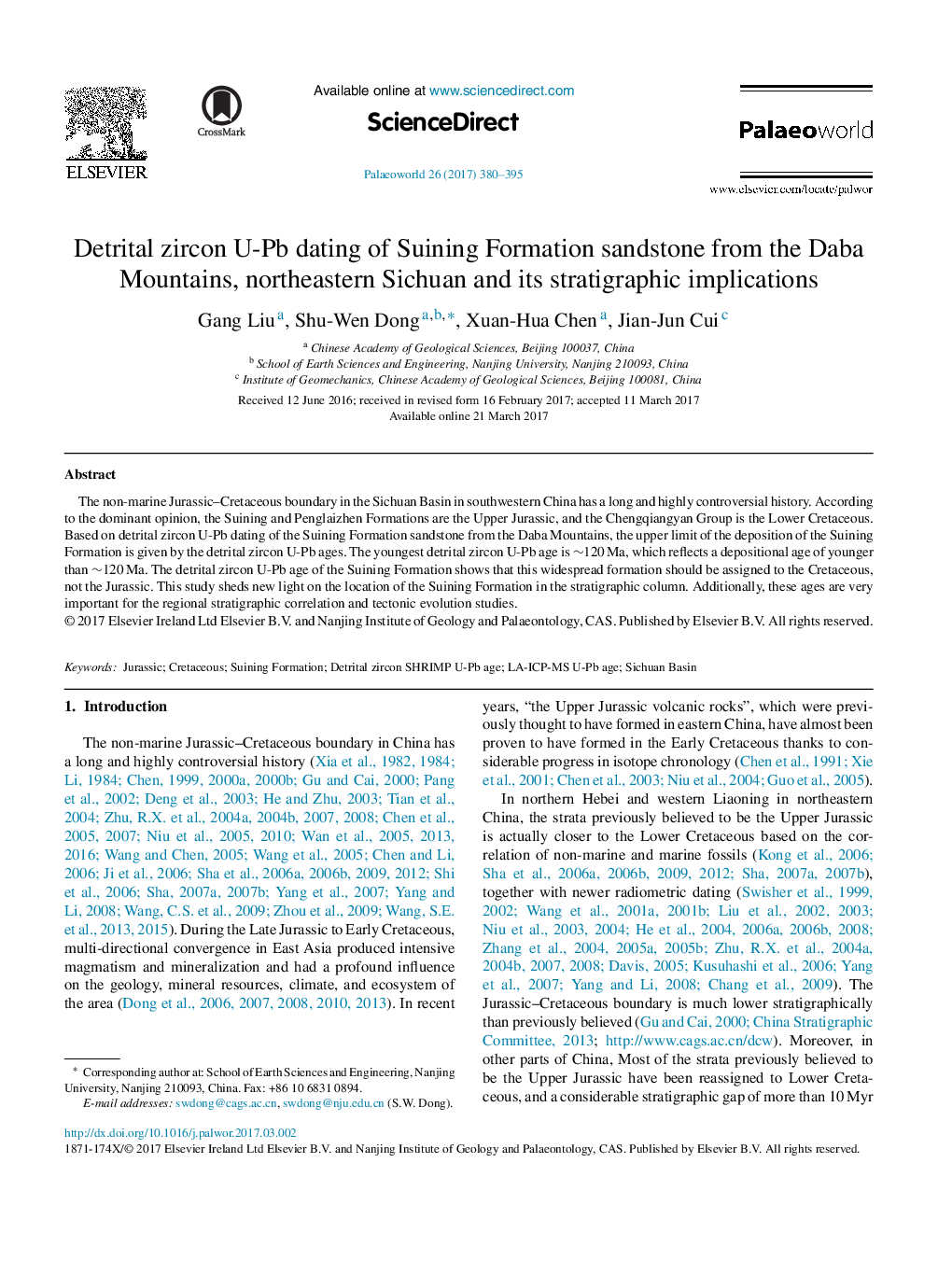 عکس صفحه اول مقاله: Detrital zircon U-Pb dating of Suining Formation sandstone from the Daba Mountains, northeastern Sichuan and its stratigraphic implications Detrital zircon U-Pb dating of Suining Formation sandstone from the Daba Mountains, northeastern Sichuan and its stratigraphic implications