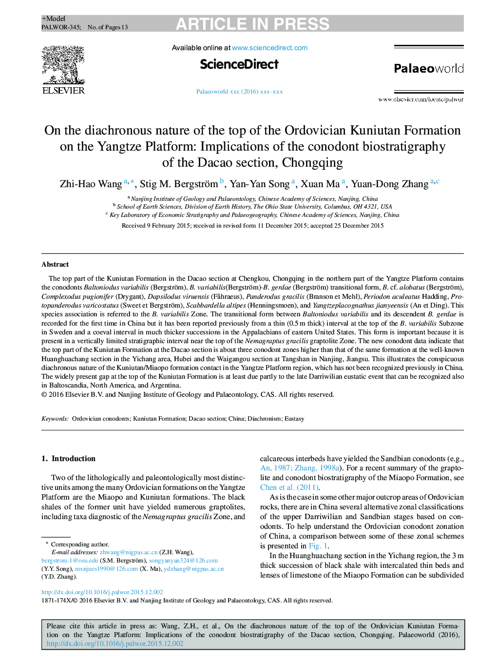 On the diachronous nature of the top of the Ordovician Kuniutan Formation on the Yangtze Platform: Implications of the conodont biostratigraphy of the Dacao section, Chongqing