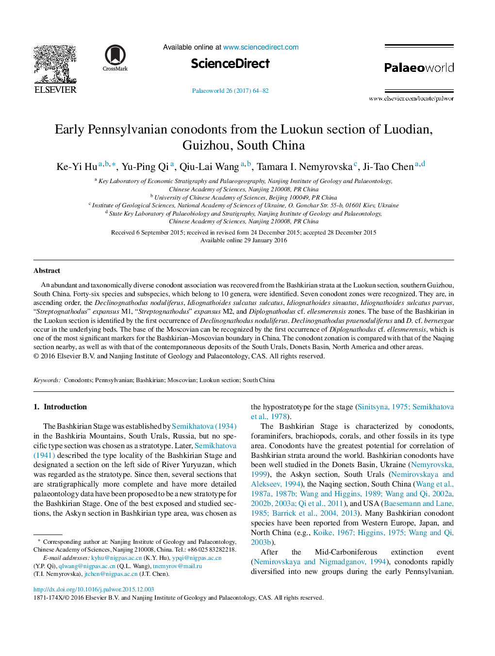 عکس صفحه اول مقاله: Early Pennsylvanian conodonts from the Luokun section of Luodian, Guizhou, South China Early Pennsylvanian conodonts from the Luokun section of Luodian, Guizhou, South China