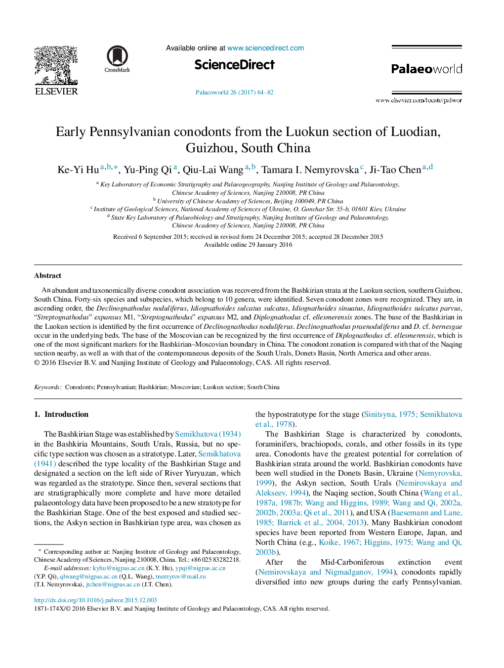 Early Pennsylvanian conodonts from the Luokun section of Luodian, Guizhou, South China