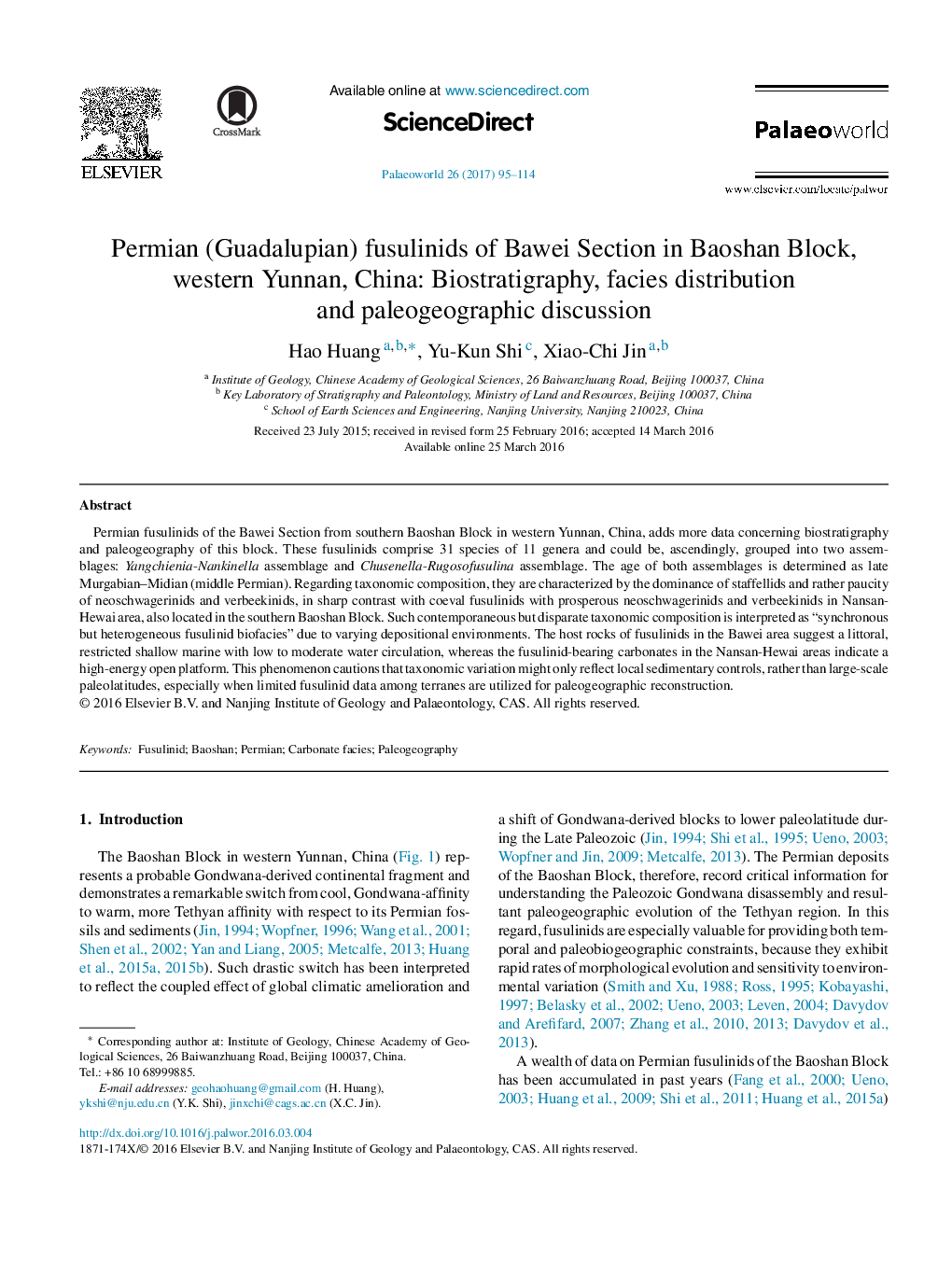 Permian (Guadalupian) fusulinids of Bawei Section in Baoshan Block, western Yunnan, China: Biostratigraphy, facies distribution and paleogeographic discussion