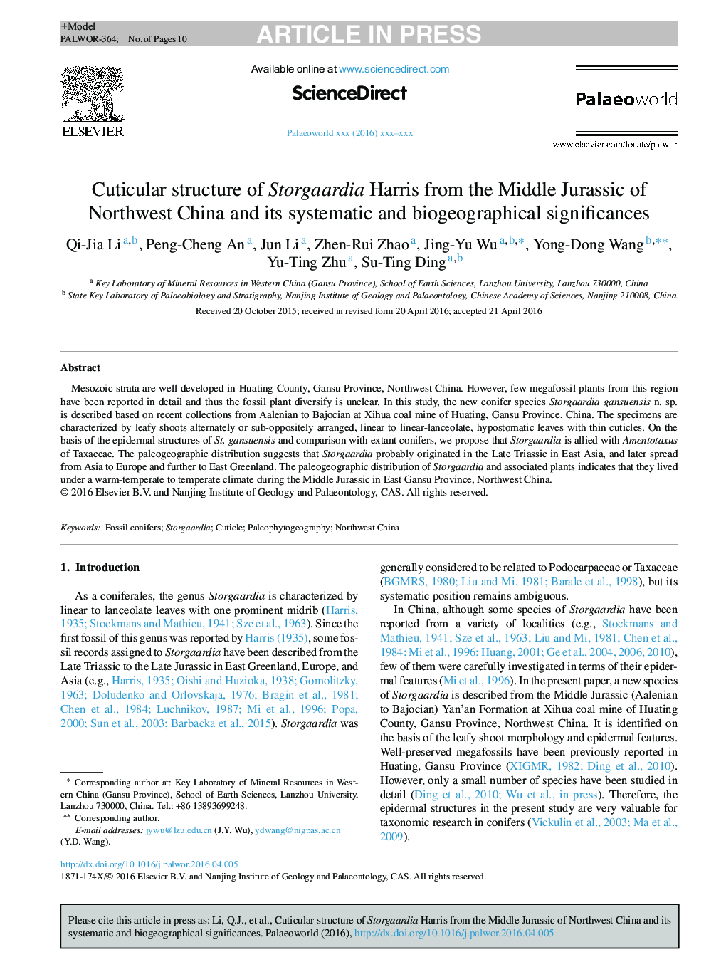 Cuticular structure of Storgaardia Harris from the Middle Jurassic of Northwest China and its systematic and biogeographical significances