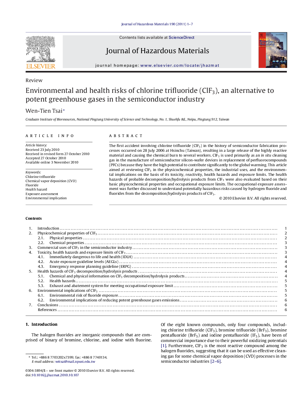 Environmental and health risks of chlorine trifluoride (ClF3), an alternative to potent greenhouse gases in the semiconductor industry