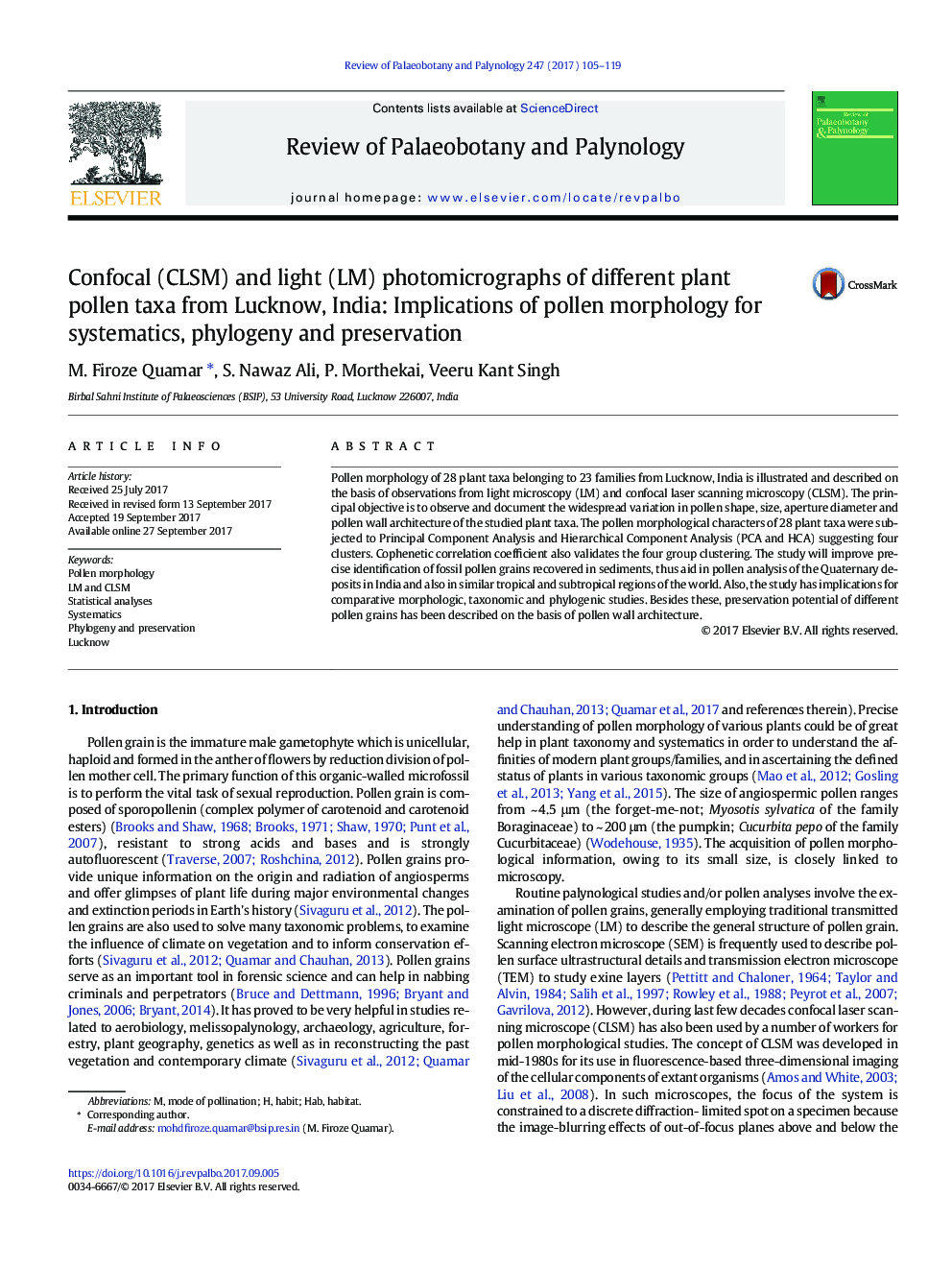 Confocal (CLSM) and light (LM) photomicrographs of different plant pollen taxa from Lucknow, India: Implications of pollen morphology for systematics, phylogeny and preservation