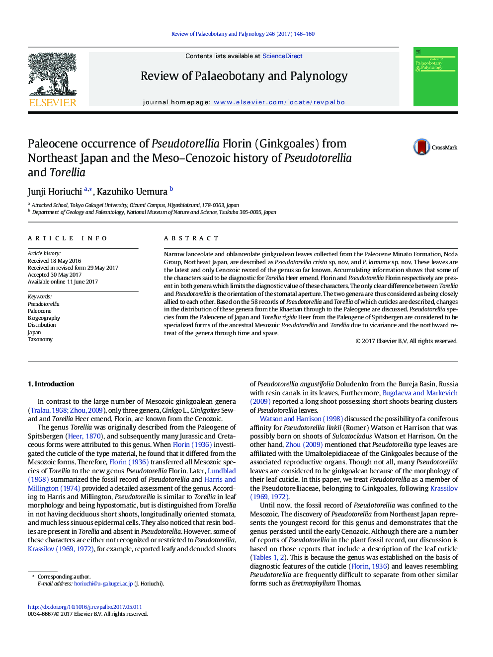 Paleocene occurrence of Pseudotorellia Florin (Ginkgoales) from Northeast Japan and the Meso-Cenozoic history of Pseudotorellia and Torellia