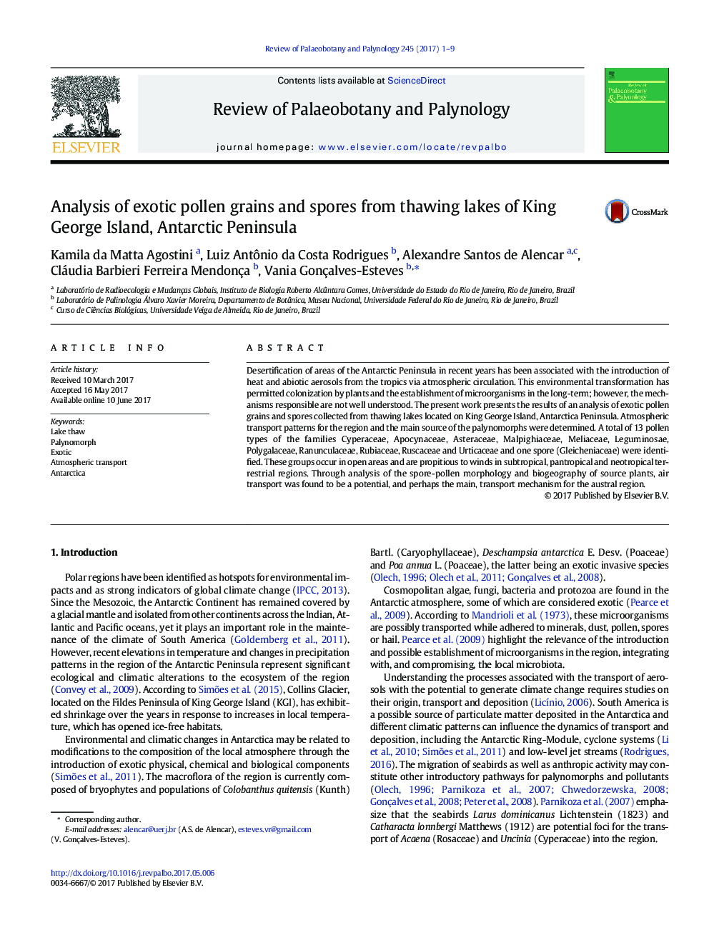 Analysis of exotic pollen grains and spores from thawing lakes of King George Island, Antarctic Peninsula