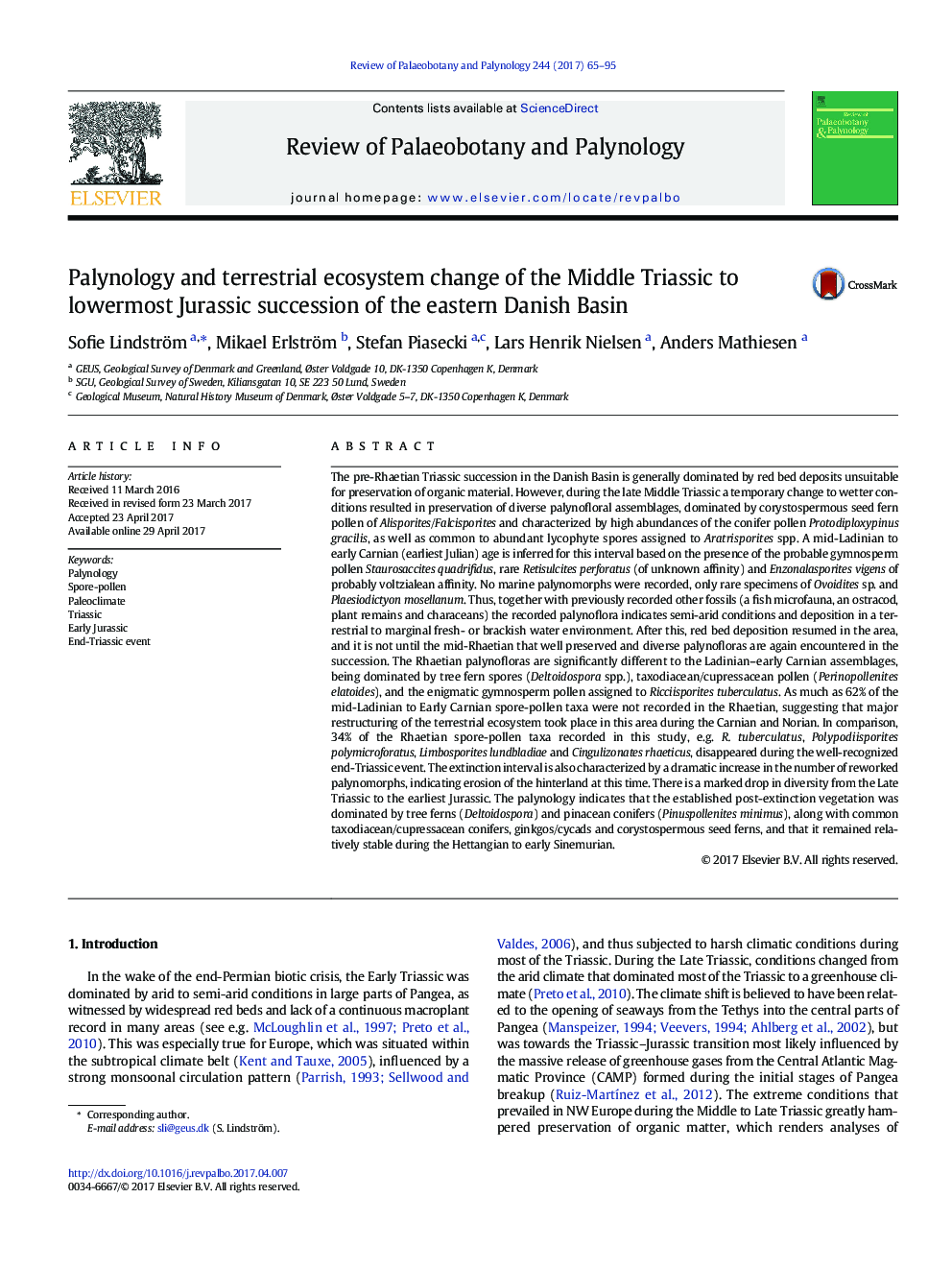 Palynology and terrestrial ecosystem change of the Middle Triassic to lowermost Jurassic succession of the eastern Danish Basin