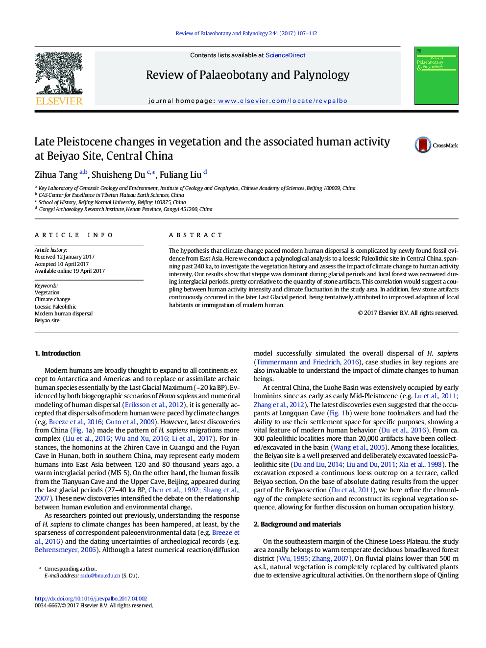 Late Pleistocene changes in vegetation and the associated human activity at Beiyao Site, Central China