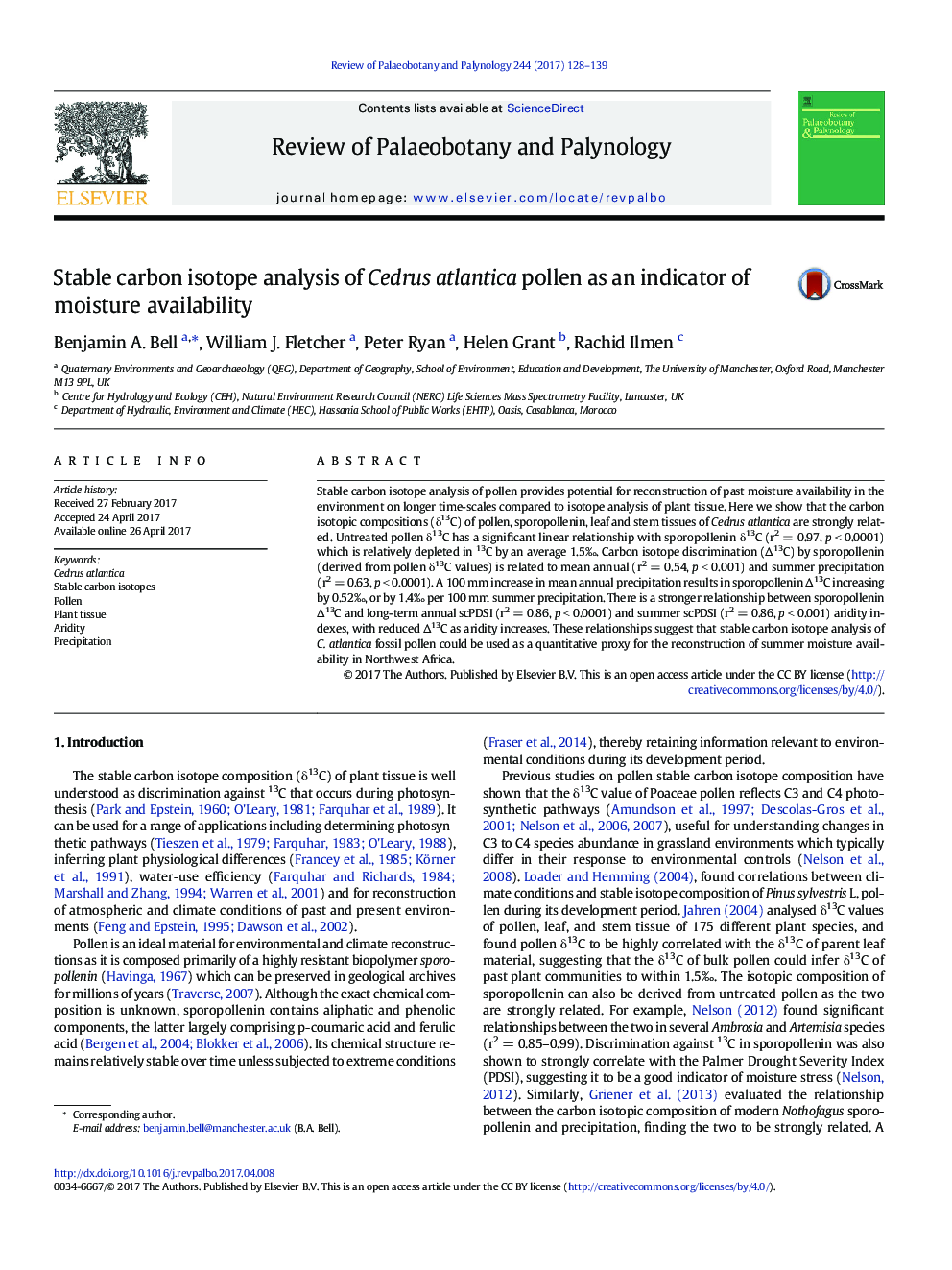 Stable carbon isotope analysis of Cedrus atlantica pollen as an indicator of moisture availability