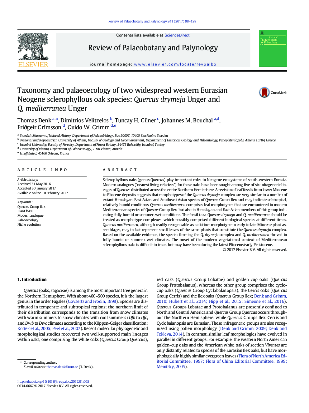 Taxonomy and palaeoecology of two widespread western Eurasian Neogene sclerophyllous oak species: Quercus drymeja Unger and Q. mediterranea Unger