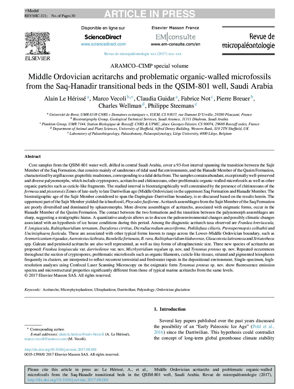 Middle Ordovician acritarchs and problematic organic-walled microfossils from the Saq-Hanadir transitional beds in the QSIM-801 well, Saudi Arabia