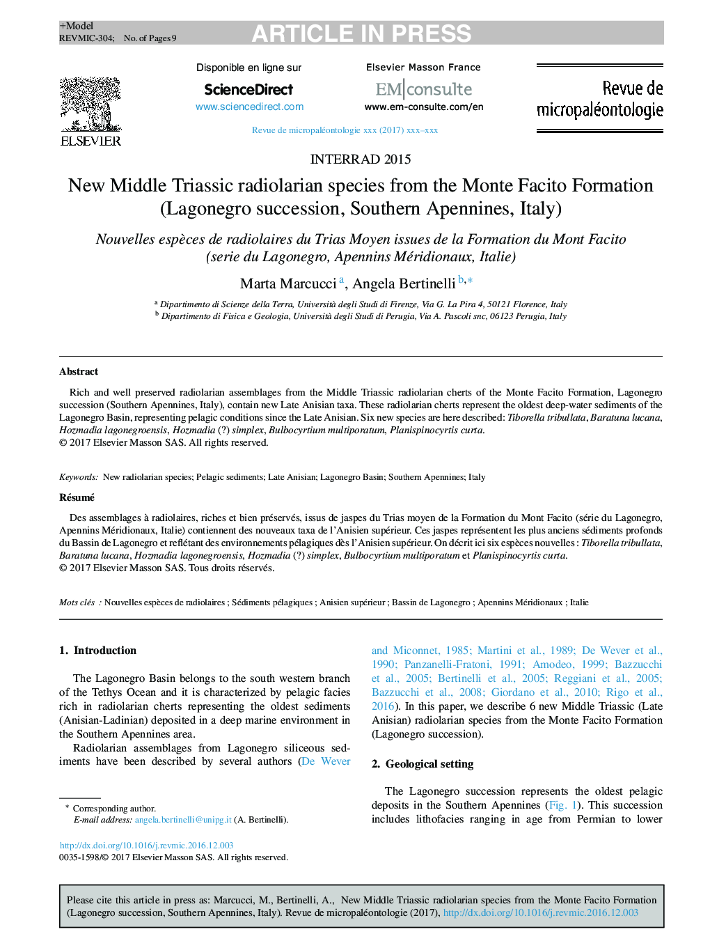 New Middle Triassic radiolarian species from the Monte Facito Formation (Lagonegro succession, Southern Apennines, Italy)