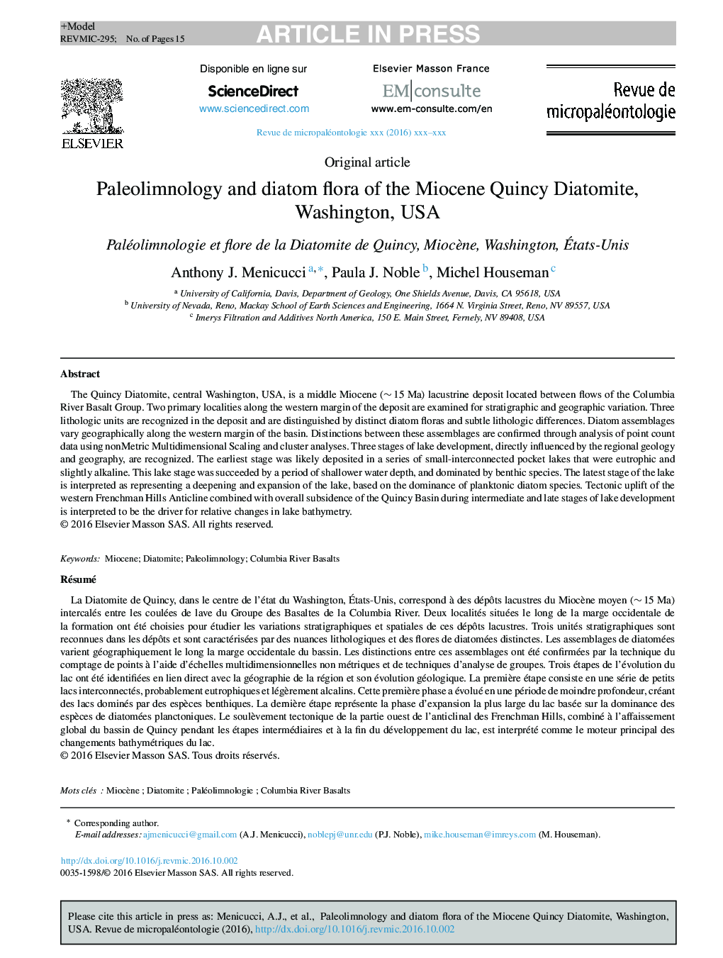 Paleolimnology and diatom flora of the Miocene Quincy Diatomite, Washington, USA