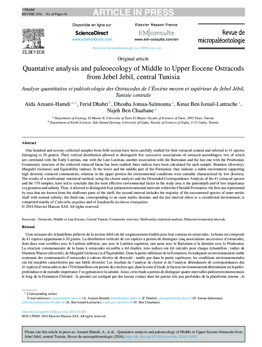 Quantative analysis and paleoecology of Middle to Upper Eocene Ostracods from Jebel Jebil, central Tunisia