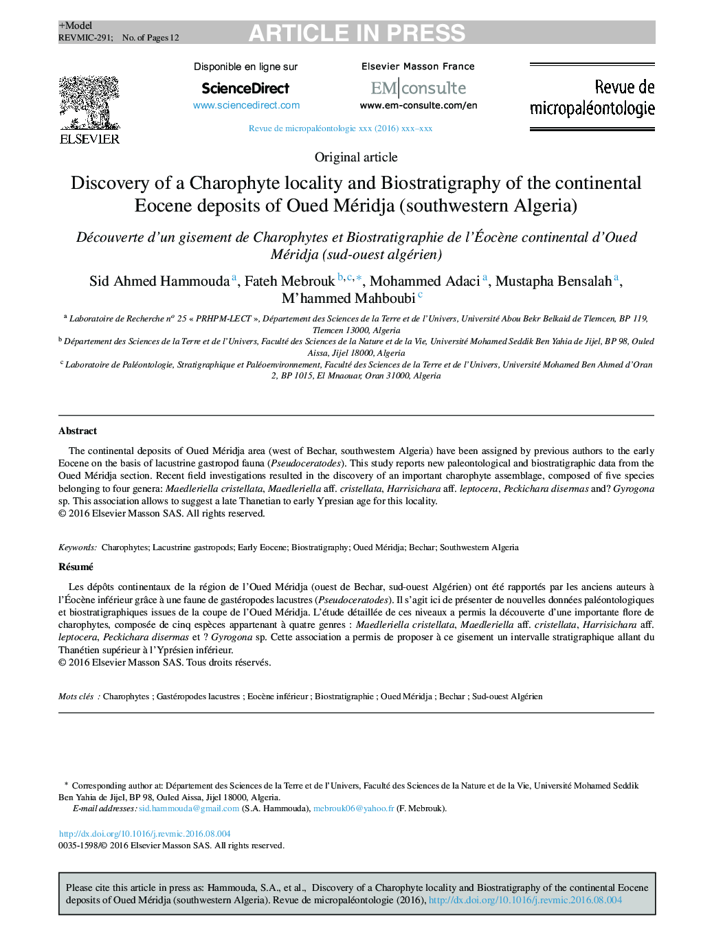 Discovery of a Charophyte locality and Biostratigraphy of the continental Eocene deposits of Oued Méridja (southwestern Algeria)