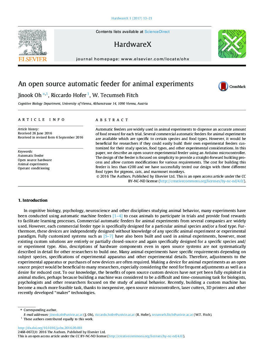 An open source automatic feeder for animal experiments