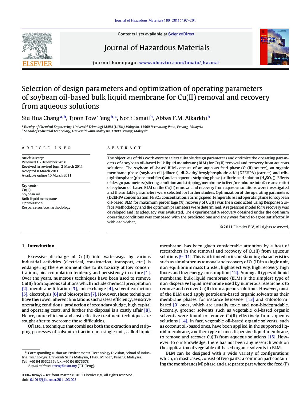 Selection of design parameters and optimization of operating parameters of soybean oil-based bulk liquid membrane for Cu(II) removal and recovery from aqueous solutions