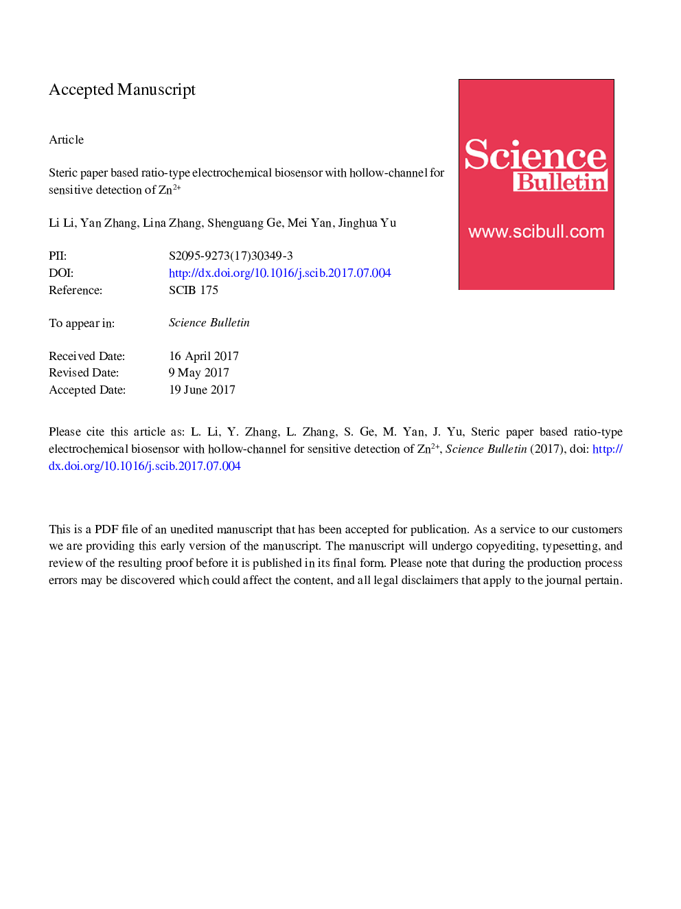 Steric paper based ratio-type electrochemical biosensor with hollow-channel for sensitive detection of Zn2+