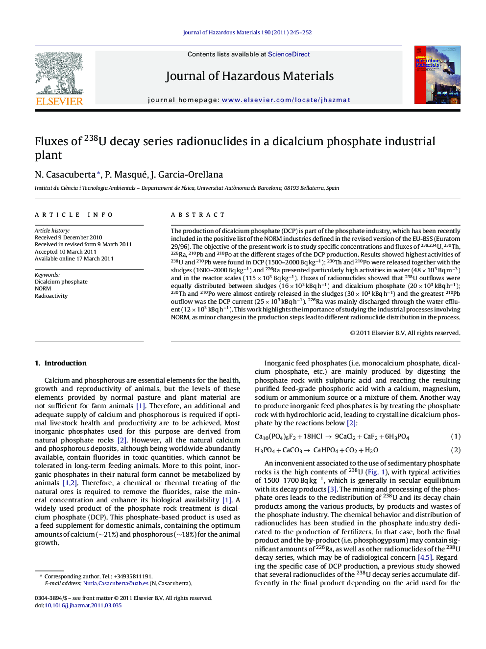 عکس صفحه اول مقاله: Fluxes of 238U decay series radionuclides in a dicalcium phosphate industrial plant Fluxes of 238U decay series radionuclides in a dicalcium phosphate industrial plant
