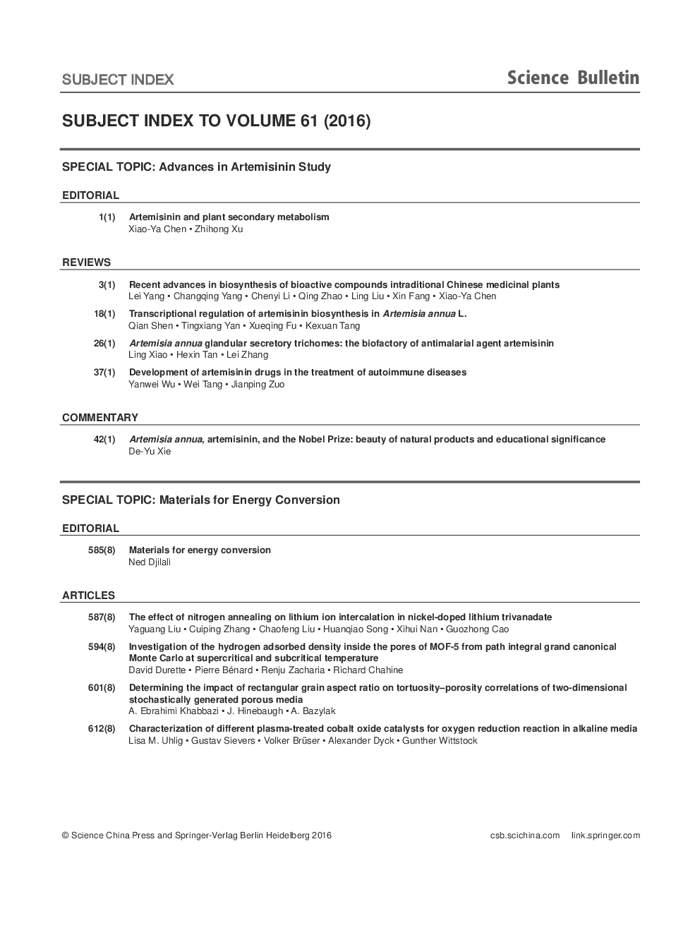 Subject Index to Volume 61 (2016)