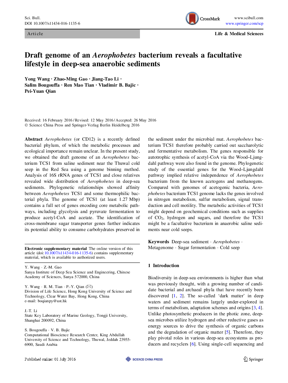 Draft genome of an Aerophobetes bacterium reveals a facultative lifestyle in deep-sea anaerobic sediments