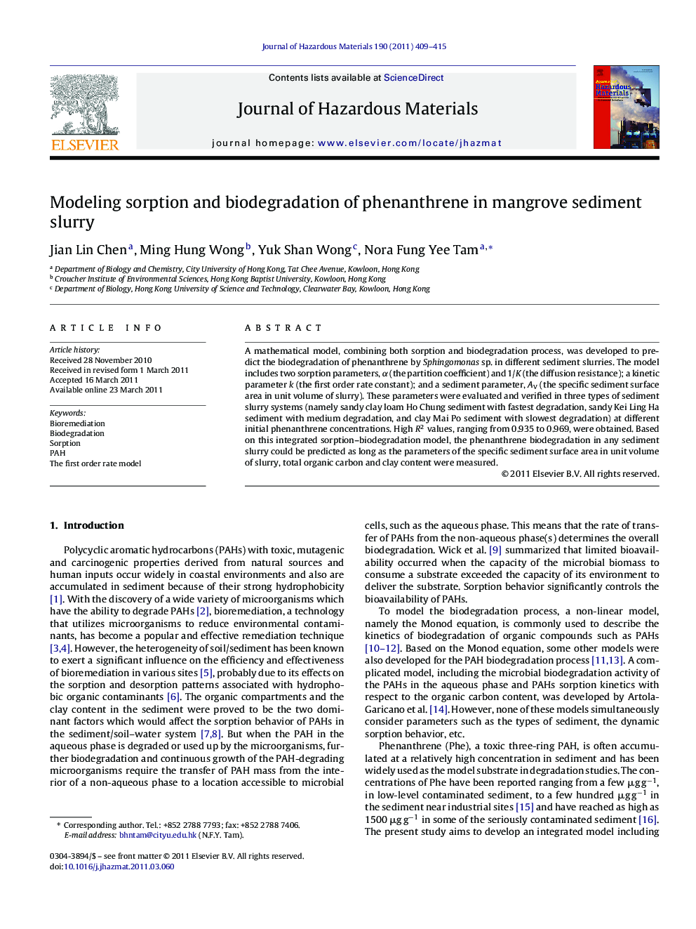 Modeling sorption and biodegradation of phenanthrene in mangrove sediment slurry