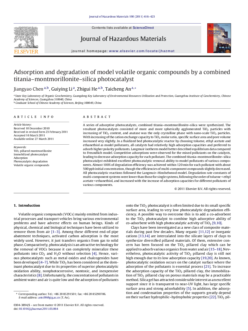 Adsorption and degradation of model volatile organic compounds by a combined titania-montmorillonite-silica photocatalyst