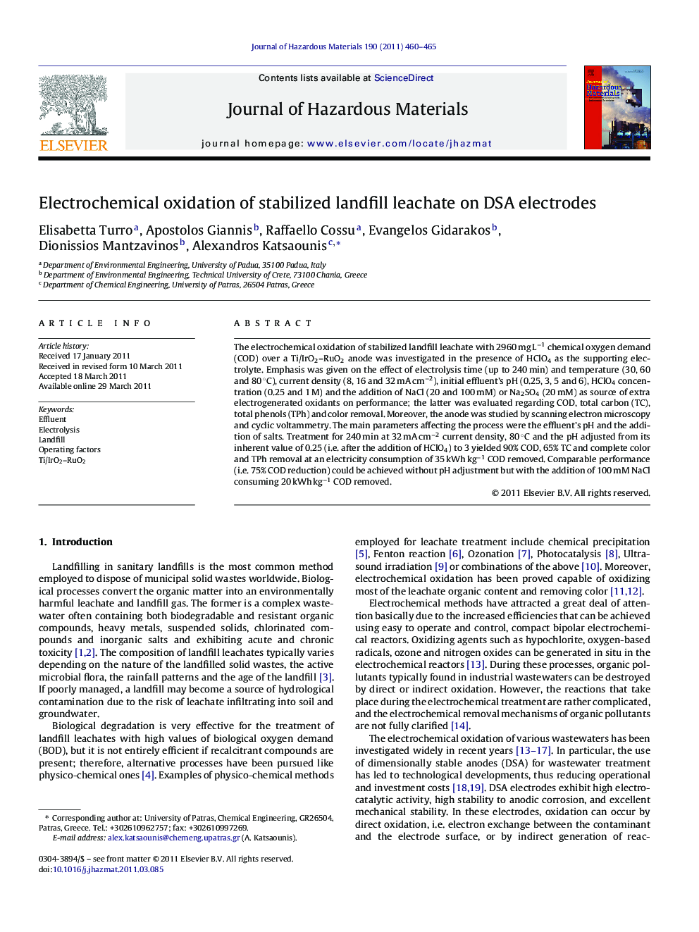 Electrochemical oxidation of stabilized landfill leachate on DSA electrodes