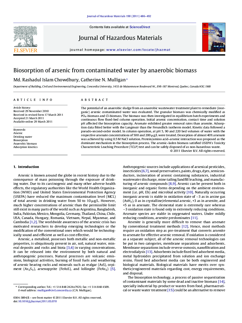 Biosorption of arsenic from contaminated water by anaerobic biomass