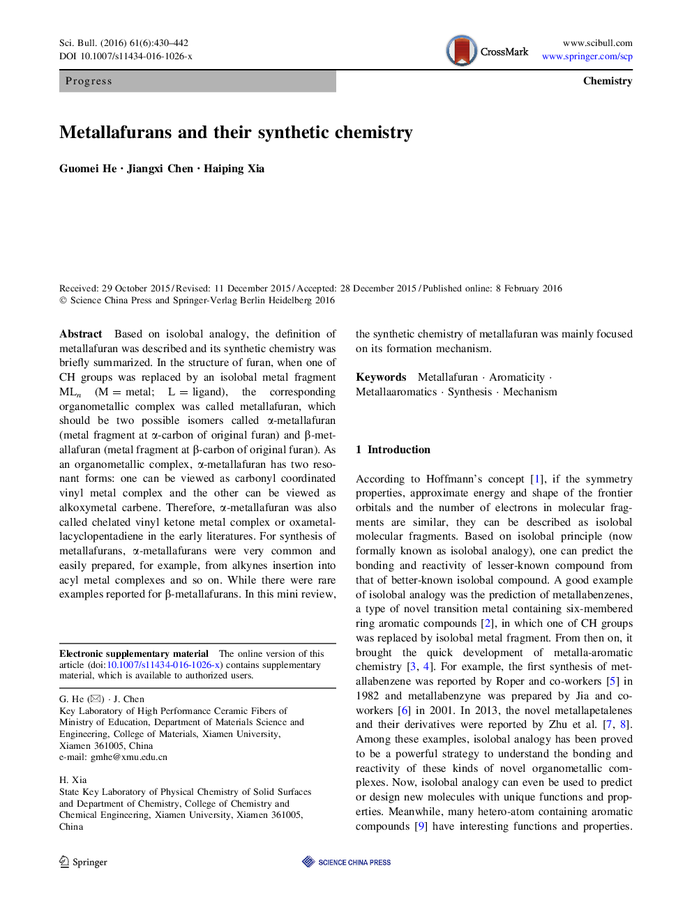 Metallafurans and their synthetic chemistry