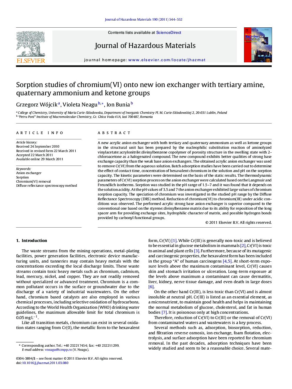 Sorption studies of chromium(VI) onto new ion exchanger with tertiary amine, quaternary ammonium and ketone groups