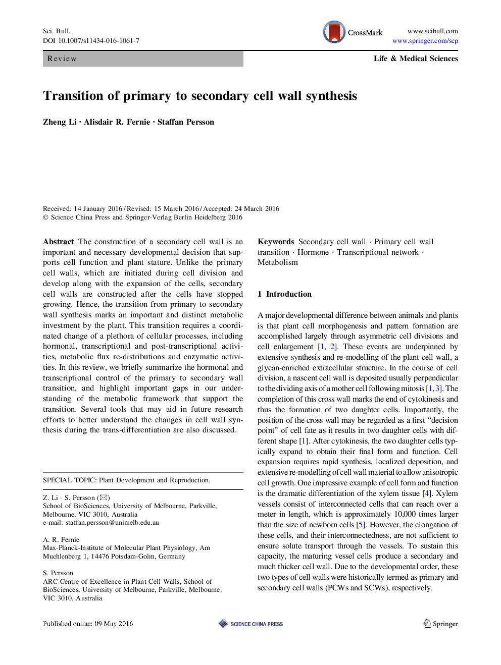 Transition of primary to secondary cell wall synthesis