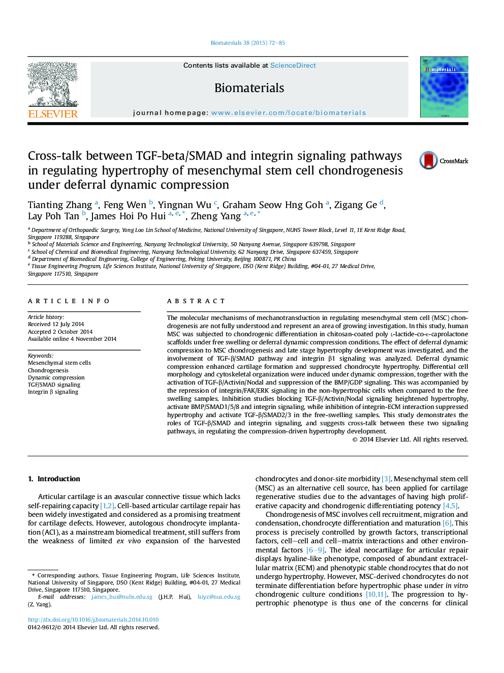 Cross-talk between TGF-beta/SMAD and integrin signaling pathways in regulating hypertrophy of mesenchymal stem cell chondrogenesis under deferral dynamic compression