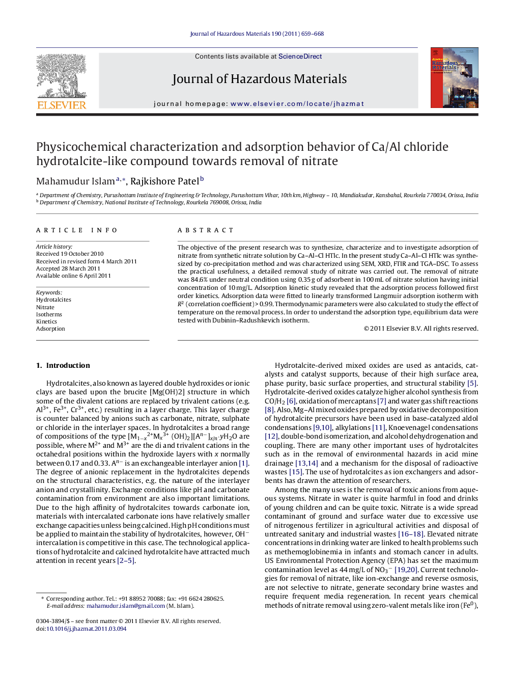 Physicochemical characterization and adsorption behavior of Ca/Al chloride hydrotalcite-like compound towards removal of nitrate