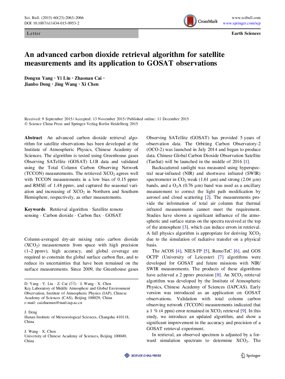 LetterEarth SciencesAn advanced carbon dioxide retrieval algorithm for satellite measurements and its application to GOSAT observations