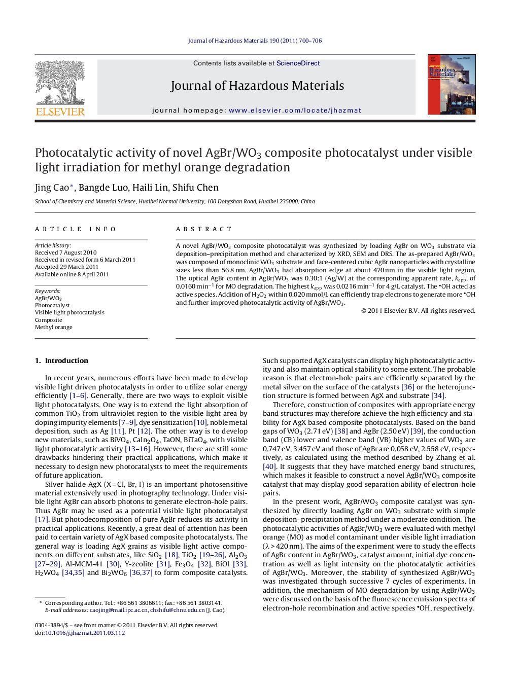 عکس صفحه اول مقاله: Photocatalytic activity of novel AgBr/WO3 composite photocatalyst under visible light irradiation for methyl orange degradation Photocatalytic activity of novel AgBr/WO3 composite photocatalyst under visible light irradiation for methyl orange degradation
