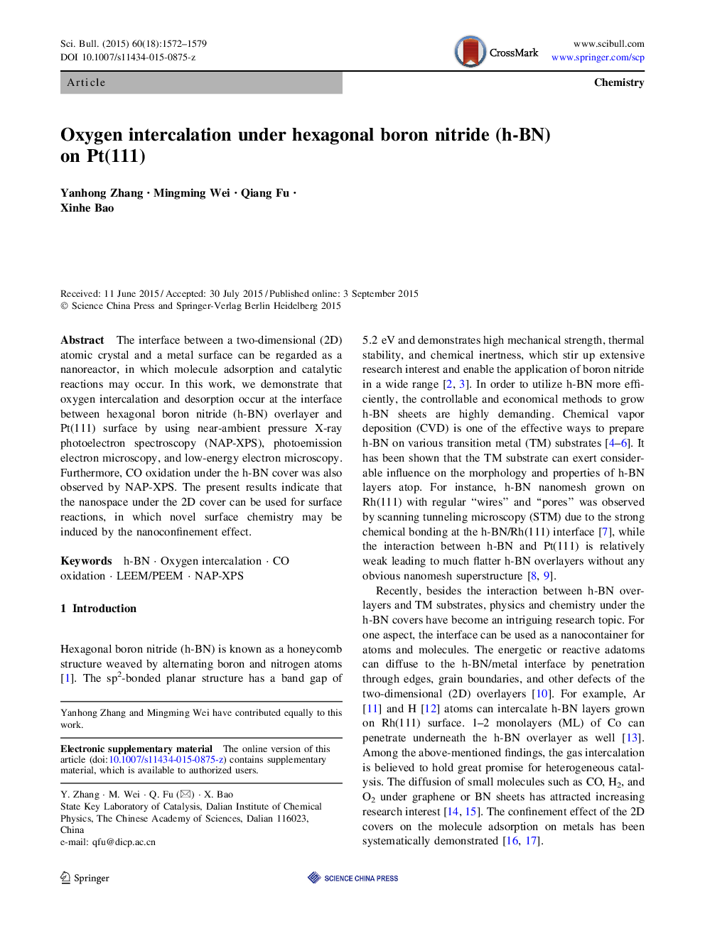 ArticleChemistryOxygen intercalation under hexagonal boron nitride (h-BN) on Pt(111)