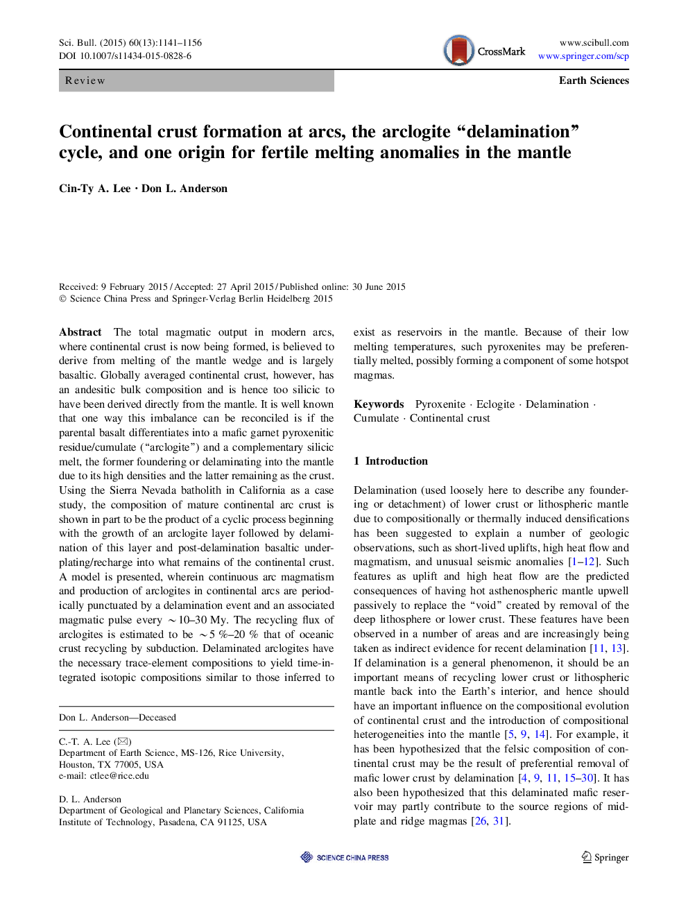 عکس صفحه اول مقاله: Continental crust formation at arcs, the arclogite “delamination” cycle, and one origin for fertile melting anomalies in the mantle Continental crust formation at arcs, the arclogite “delamination” cycle, and one origin for fertile melting anomalies in the mantle