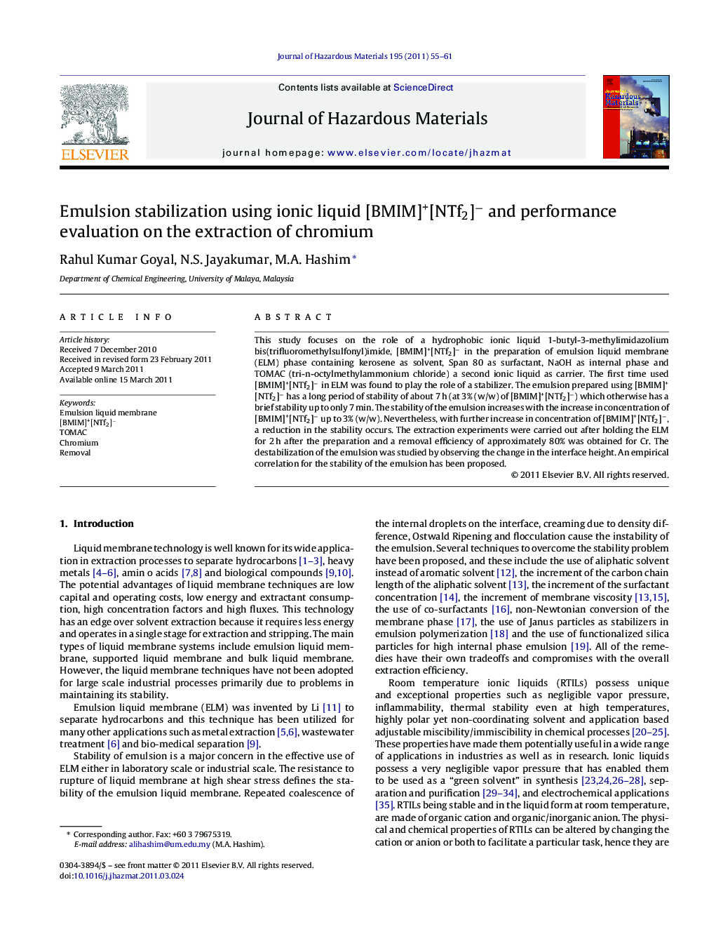 Emulsion stabilization using ionic liquid [BMIM]+[NTf2]â and performance evaluation on the extraction of chromium