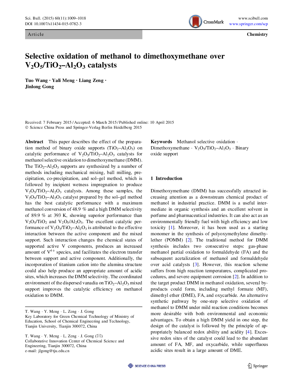 Selective oxidation of methanol to dimethoxymethane over V2O5/TiO2-Al2O3 catalysts