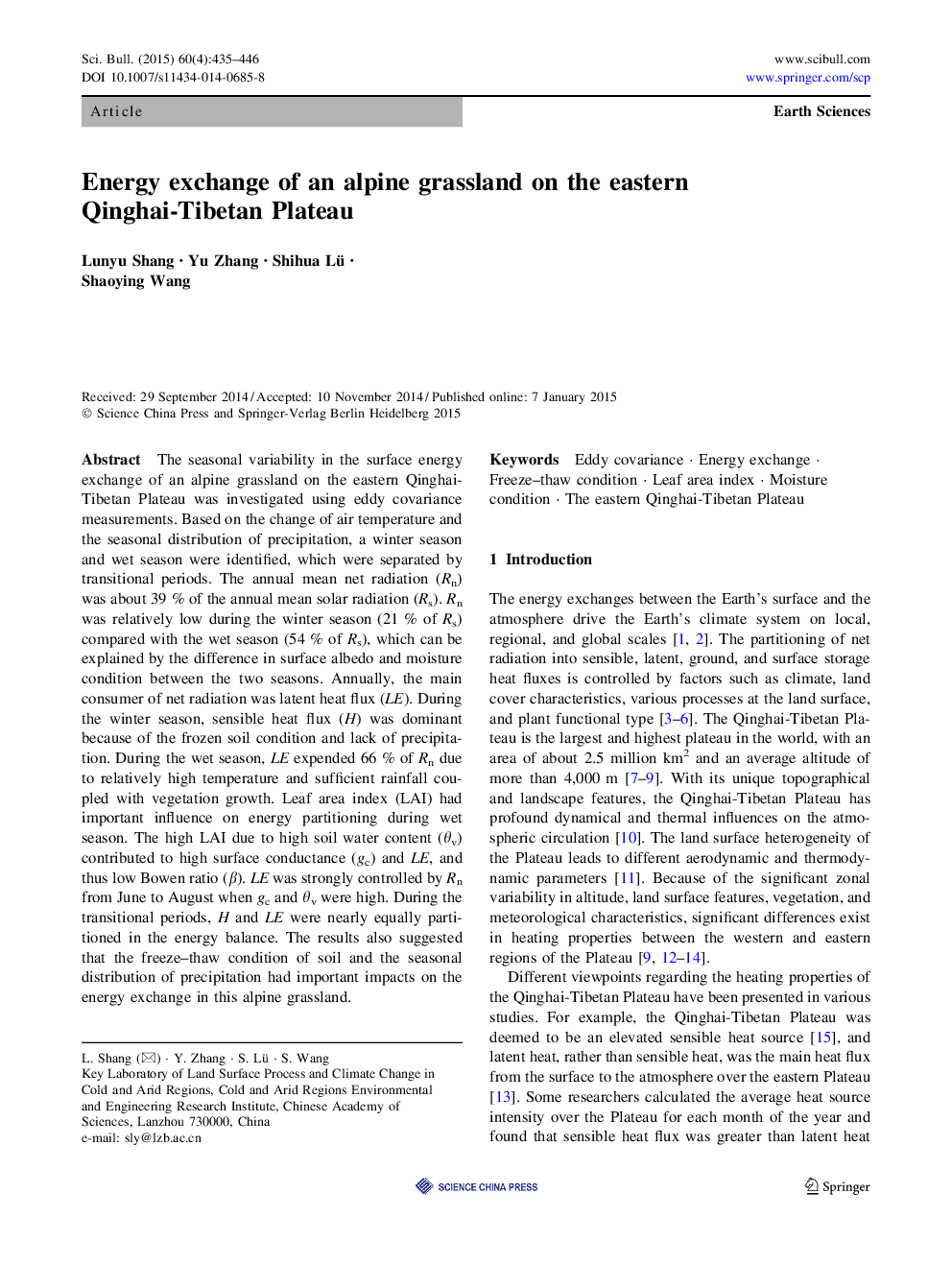 Energy exchange of an alpine grassland on the eastern Qinghai-Tibetan Plateau