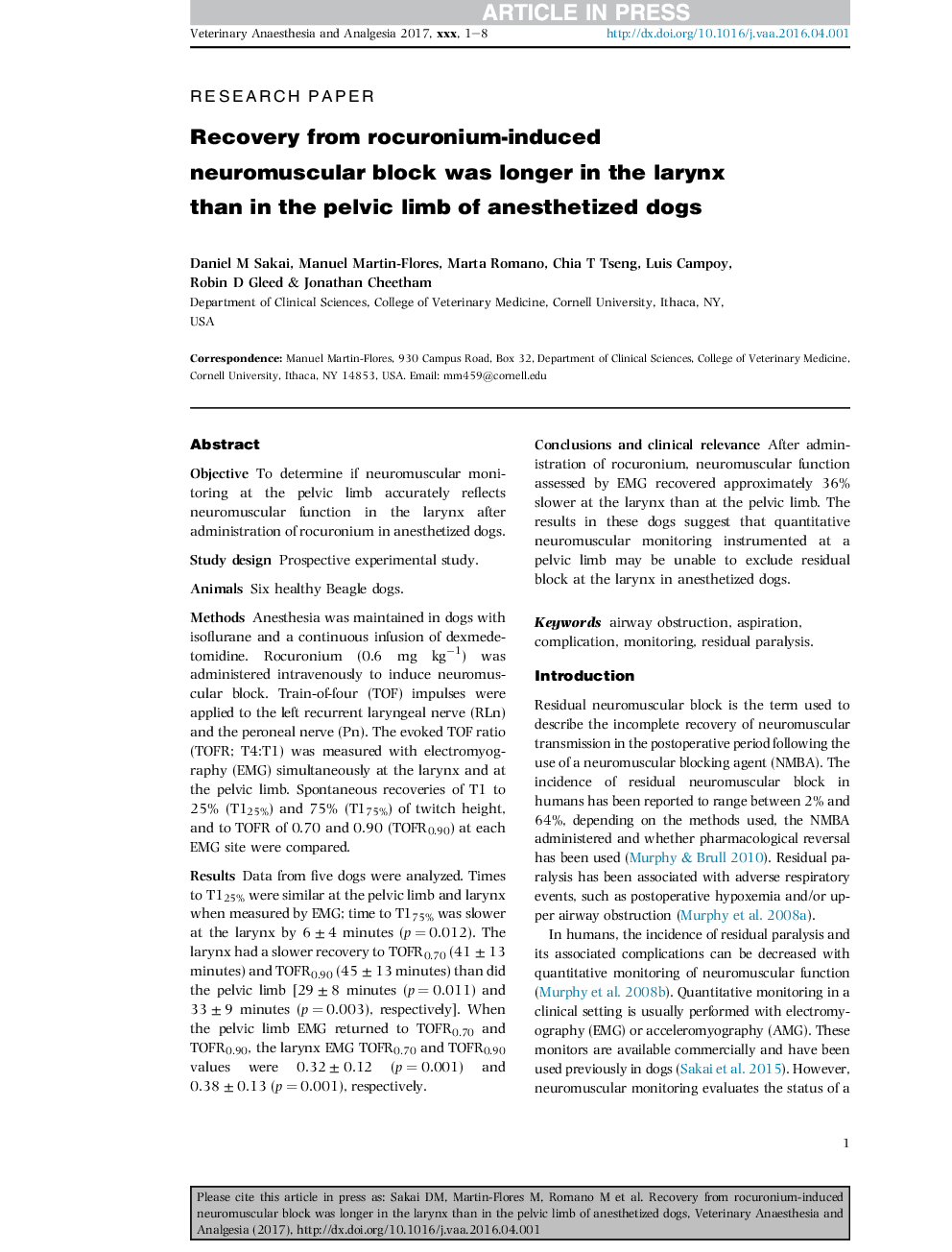 بازیابی از بلوک عصبی عضلانی ناشی از روکورونیوم در حنجره بیشتر از عضلات لگن سگ های بیهوش شده بود