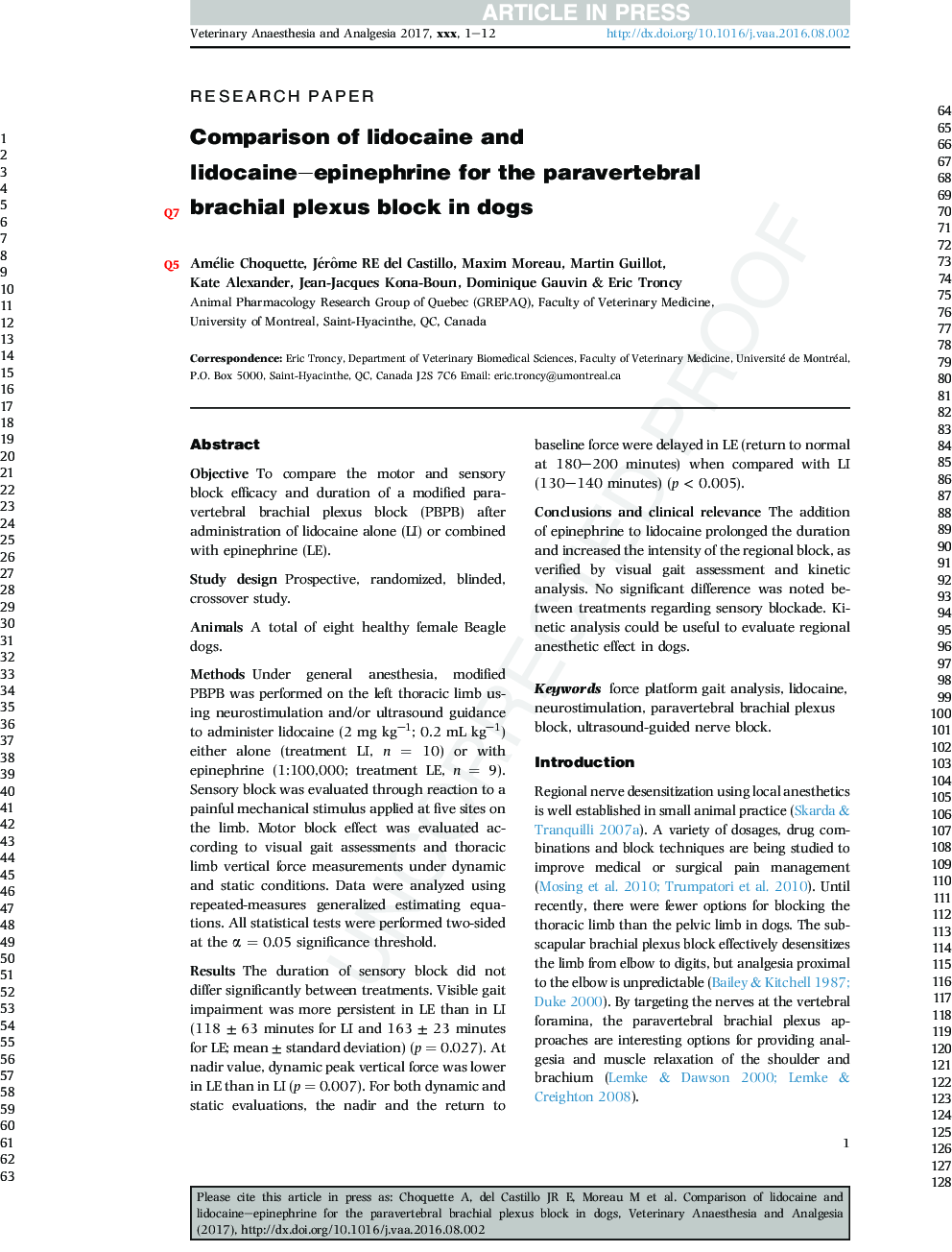 Comparison of lidocaine and lidocaine-epinephrine for the paravertebral brachial plexus block in dogs