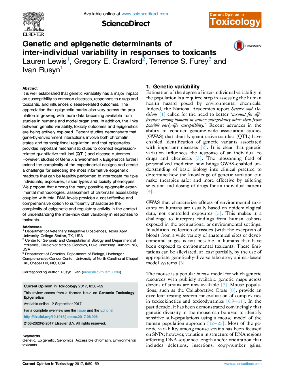 Genetic and epigenetic determinants of inter-individual variability in responses to toxicants