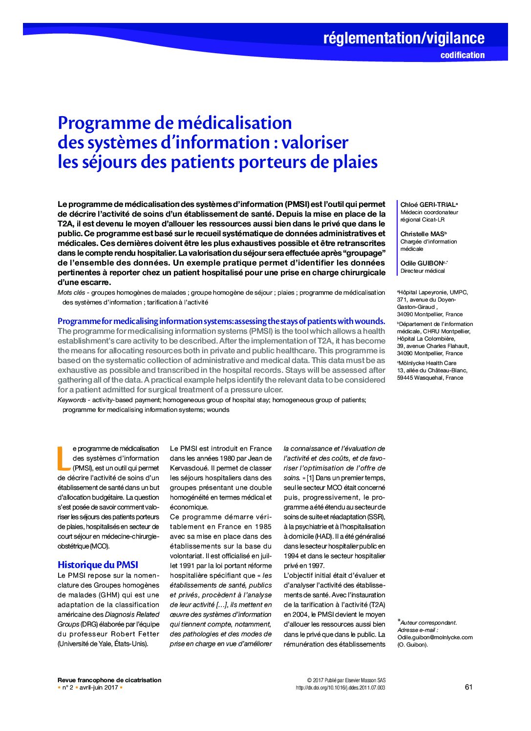 Programme de médicalisation des systÃ¨mes d'information : valoriser les séjours des patients porteurs de plaies