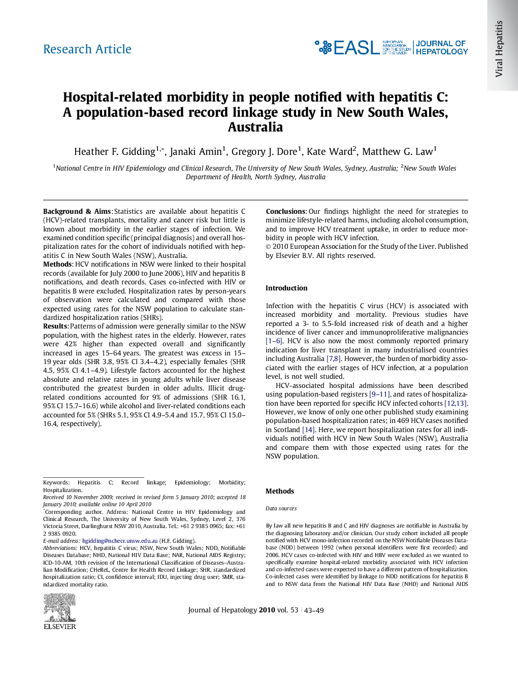 Hospital-related morbidity in people notified with hepatitis C: A population-based record linkage study in New South Wales, Australia