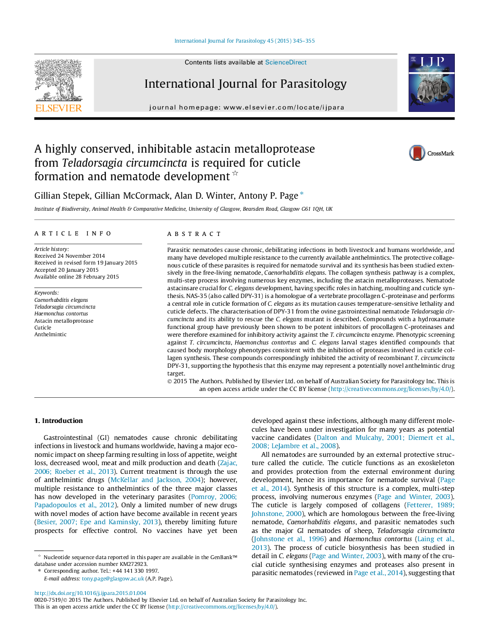 A highly conserved, inhibitable astacin metalloprotease from Teladorsagia circumcincta is required for cuticle formation and nematode development