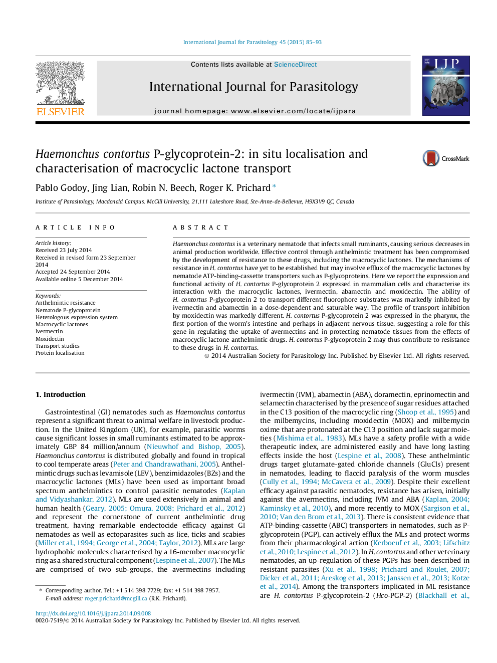 Haemonchus contortus P-glycoprotein-2: in situ localisation and characterisation of macrocyclic lactone transport