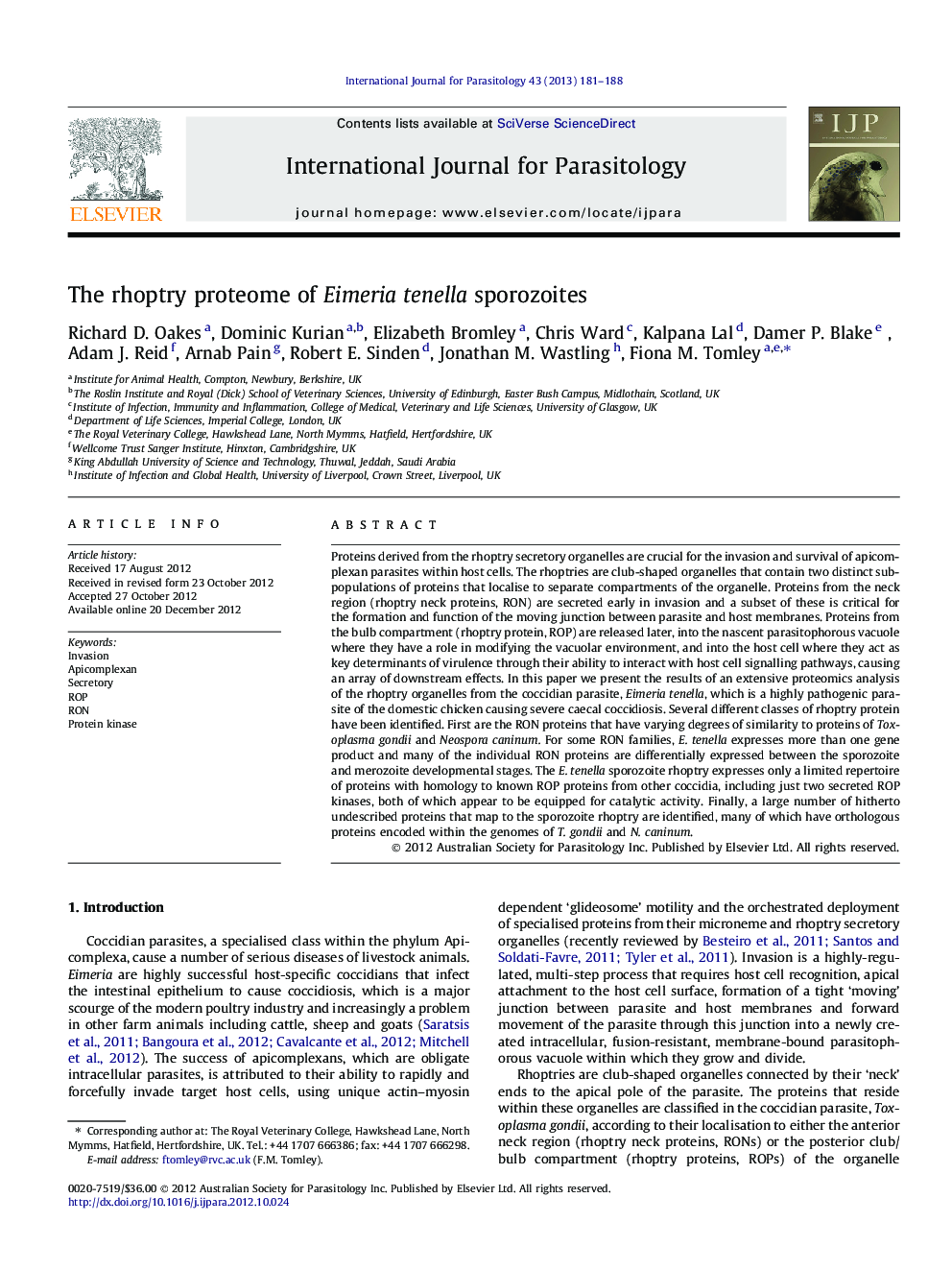 The rhoptry proteome of Eimeria tenella sporozoites